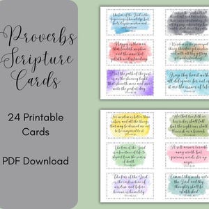 Może przedstawiać: Drukowane karty z pismami z cytatami z Księgi Przysłów. Karty mają akwarelowe tło w różnych kolorach i zawierają tekst "Proverbs Scripture Cards" i "24 Printable Cards PDF Download."