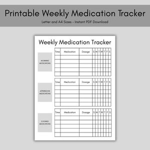 Könnte beinhalten: Ein druckbarer wöchentlicher Medikamenten-Tracker mit Abschnitten für Morgen-, Nachmittags- und Abendmedikamente. Der Tracker enthält Felder für Zeit, Medikament, Dosierung und einen Tagesplan. Der Text "Printable Weekly Medication Tracker" steht oben.