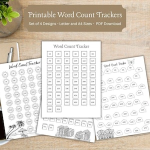 Druckbarer Word Count Tracker - Verfolge bis zu 50.000 Wörter - Enthält 4 Designs - Letter und A4-Größen - Schreib-Tracker, Autoren-Tools- PDF-Download
