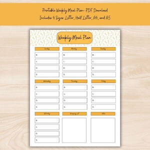 Printable Weekly Meal Planner: Sunday-Saturday Menu, Shopping List (PDF Download, 4 Sizes)