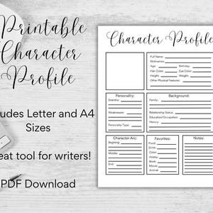 Può includere: Un foglio di profilo del personaggio stampabile con sezioni per nome completo, età e caratteristiche fisiche. Include aree per personalità, background, arco del personaggio e preferiti. Il testo "PDF Download" è visibile.