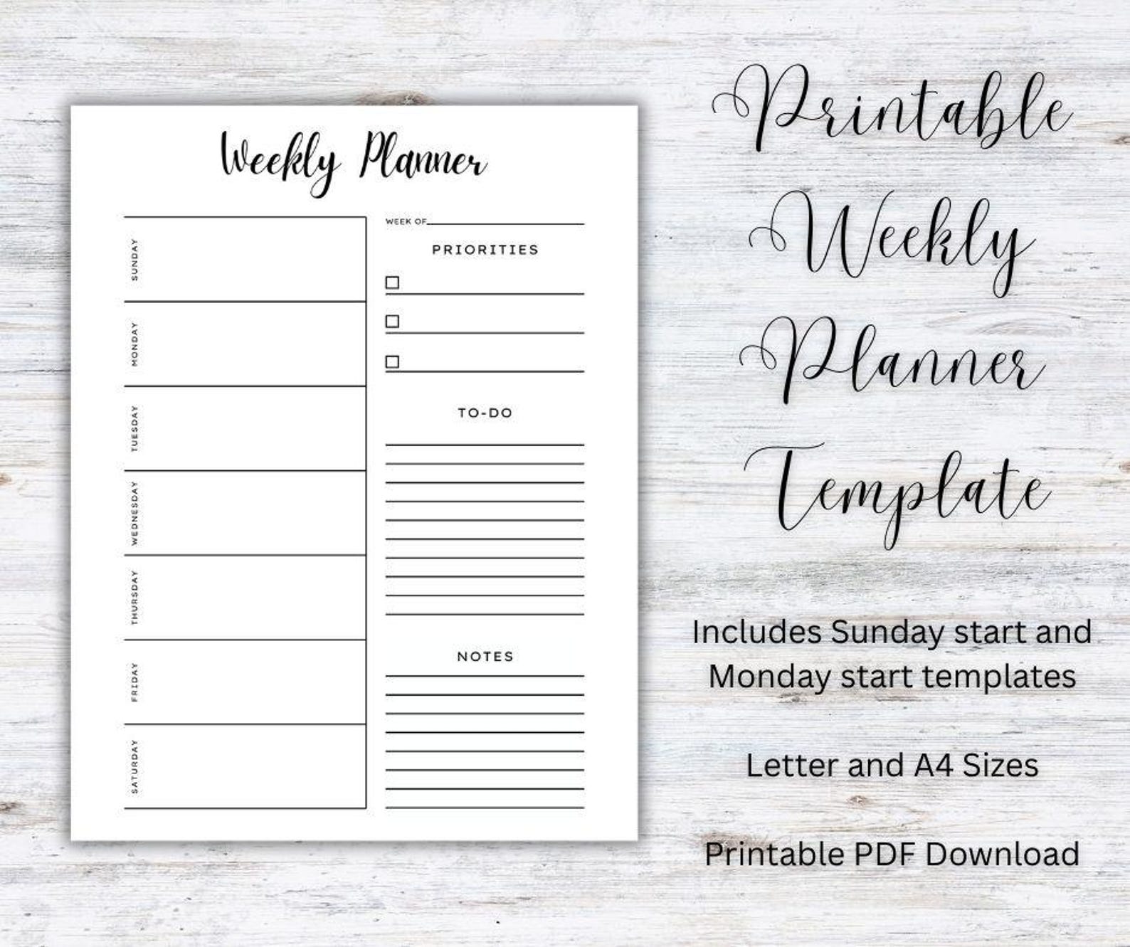 Printable Weekly Planner Template: Sunday Start and Monday Start ...