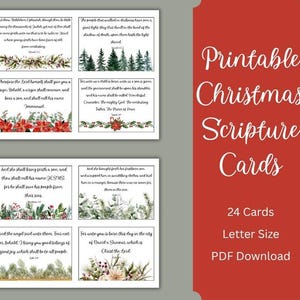 May include: Printable Christmas Scripture Cards with 24 cards in letter size PDF download. The cards feature Bible verses with floral and evergreen accents. The cards are in a rectangular format.