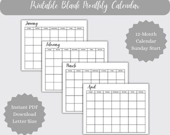 Calendário mensal em branco para imprimir: 12 meses, início no domingo (tamanho carta, download em PDF)