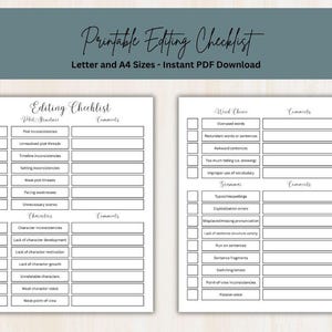 May include: A printable editing checklist document featuring two pages with sections for Plot Structure, Characters, Word Choice, and Grammar. Each section contains checkboxes and blank comment fields for tracking revisions in written manuscripts.