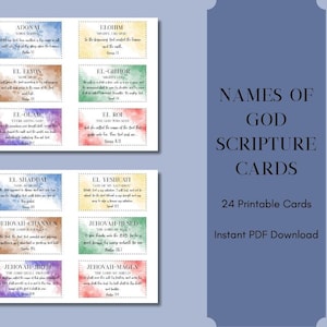 May include: A set of 24 printable scripture cards featuring the names of God. Each card has a watercolor background and includes a name, meaning, and scripture reference. The cards are available as an instant PDF download.