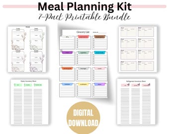 Meal Planner Printable | Weekly Meal Plan + Grocery List | Recipe Cards | Pantry Fridge Freezer Inventory Sheets | Kitchen Organization PDF