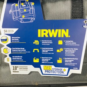 May include: Black and gray Irwin tool bag with a blue and white tag. The tag highlights features like heavy-duty construction, a technology sleeve, and a 5-year limited warranty. The bag is 18 inches (450mm) and has multiple pockets.