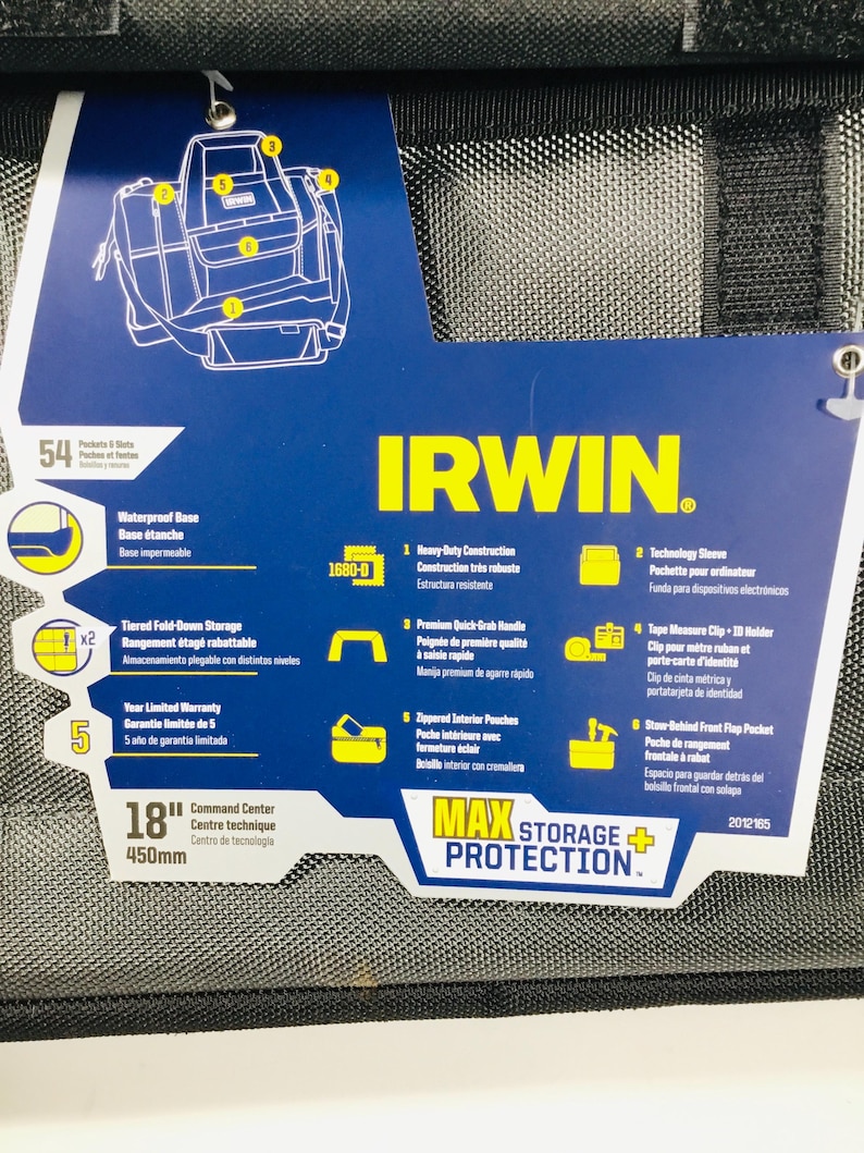 May include: Black and gray Irwin tool bag with a blue and white tag. The tag highlights features like heavy-duty construction, a technology sleeve, and a 5-year limited warranty. The bag is 18 inches (450mm) and has multiple pockets.