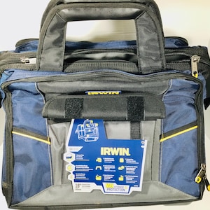 May include: A blue and black IRWIN tool bag with a black handle and zipper closures. The bag has yellow accents and a front pocket with a label that reads "IRWIN" and "18 in." The bag is designed for tool storage.
