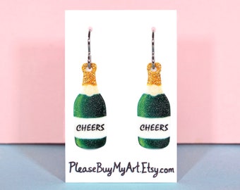 Champagne Bottle "Cheers" Niobium Dangle Earrings Drop Earrings French Hook Earrings / Funny Party Earrings