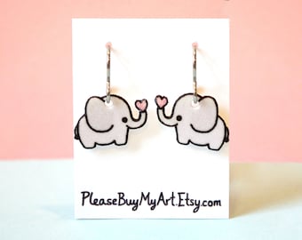 Elephant with Pink Heart Niobium Dangle Earrings Drop Earrings French Hook Earrings / Elephant Lover Earrings