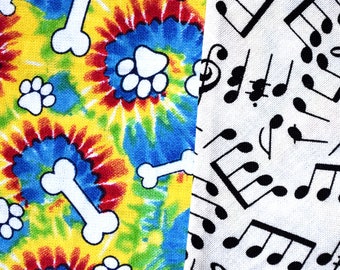 Rainbow Tie Dye Bone & Music Note Reversible Hippie Pawprint Festival Musical Dog Bandana Cat Bandana Pet Bandana Scarf Dog Lover Gift