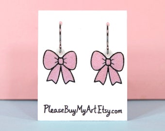 Pink Glitter Bow Niobium Dangle Earrings Drop Earrings French Hook Earrings / Pastel Cute Girly Kawaii Earrings