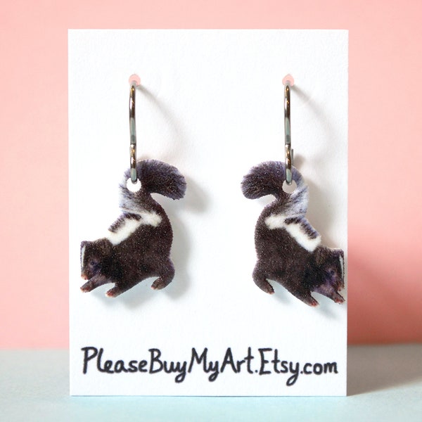 Baby Skunk Niobium Dangle Earrings Drop Earrings French Hook Earrings / Backyard Wildlife Earrings