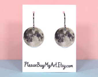 Full Moon Niobium Dangle Earrings Drop Earrings French Hook Earrings / Hypoallergenic Earrings / Outer Space Jewelry