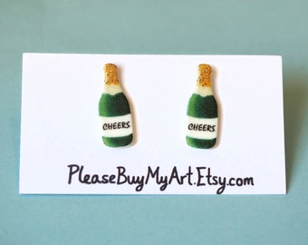 Glitter "Cheers" Champagne Bottle Stud Earrings / Champagne Post Earrings