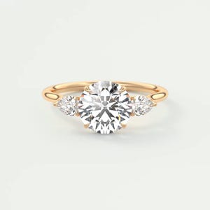 Pear And Round Cut Lab Grown Diamond Engagement Ring, 2.00 CT Diamond Wedding Ring, 14k Solid Gold Three Stone Ring, Anniversary Gift Ring.