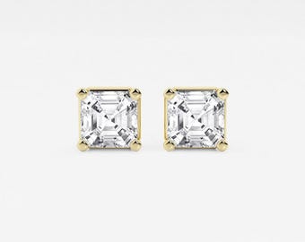 14K Solid Gold Lab Grown Diamond Stud Earrings, 1.00-3.00 TCW Asscher Cut Diamond Earrings, Eveready Stud Earrings For Her, Bridal Earrings.