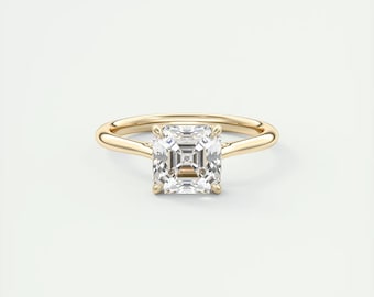 14K Solid Gold Solitaire Ring, 2.00 CT Asscher Cut Lab Grown Diamond Engagement Ring, Proposal Ring, Certified Diamond Ring, Wedding Ring.