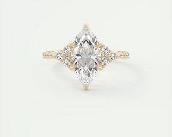 2.65 CT Marquise Cut Lab Grown Diamond Engagement Ring, 14K Solid Gold Diamond Cluster Ring, Bridal Ring, Round Cut Promise Ring For Her.