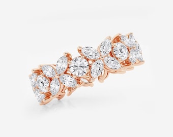 Marquise And Round Cut Full Eternity Band, 14K Solid Gold Wedding Band, Bridal Band, Lab Diamond Floral Band For Her, Anniversary Gift Band.