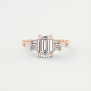 Anillo de oro macizo de 14 quilates con racimo, anillo de compromiso con diamantes cultivados en laboratorio de talla esmeralda de 2,40 quilates, anillo de bodas con diamantes de talla baguette, anillo de propuesta para ella.