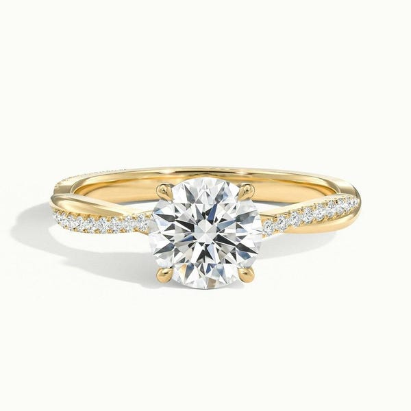 2.60 TCW Round Cut Lab Grown Diamond Engagement Ring, 14K Solid Gold Diamond Solitaire Accent Ring, Twisted Shank Ring, Bridal Proposal Ring