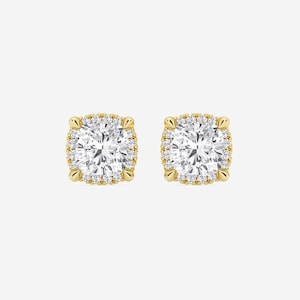 2.00-4.00 TCW Cushion Cut Lab Grown Diamond Stud Earrings, 14K Solid Gold Halo Stud Earrings, Wedding Earrings For Her, Minimalist Earrings.