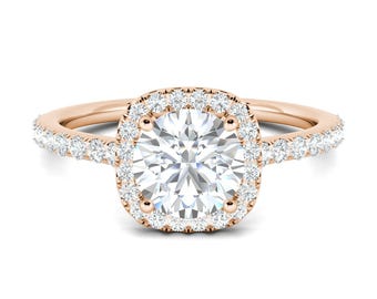 2.50 TCW Cushion Cut Lab Grown Diamond Engagement Ring, 14K Solid Rose Gold Halo Wedding Ring, Diamond Bridal Ring, Proposal Ring For Her.