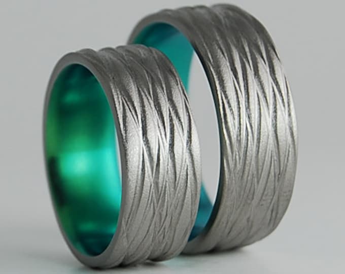 Sphinx Bands in Immortal Green , Titanium Rings , Wedding Bands , Promise Rings , Ring Set