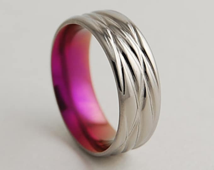 Sphinx in Passion Pink with Comfort Fit Interior , Titanium Ring , Wedding Band , Promise Ring