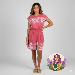 May include: A dusty rose romper with white floral accents. The sleeveless romper features a cinched waist and a floral pattern along the hem and chest. The model is wearing beige sandals.