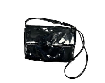 VTG Y2K Black Patent Leather Envelope Clutch Purse Shoulder Glam Goth Retro
