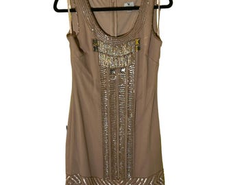 Vintage 90s Beaded Amber Gold Art Deco Mini Dress Worthington Whimsigoth Size 4