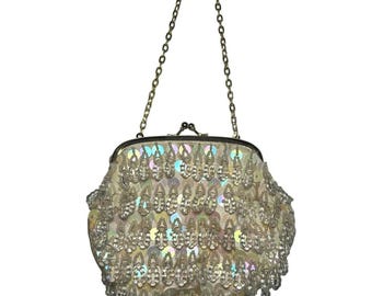 VTG 70s Flapper Bag Beaded Sequin Kiss Lock Clutch Purse Handbag Glam Retro Twee