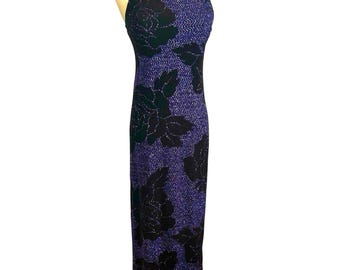 VTG 90s Black Purple Floral Metallic Maxi Dress M Goth Grunge Whimsigoth Y2K