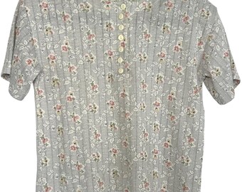 VTG Emerald Isle Grey Floral Ribbed Henley Top Small Grannycore 90s Shoulder Pad