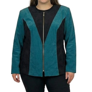 VTG Olivia Rose Colorblock Jacket Teal Black 16W Y2K Moto Suede Zip