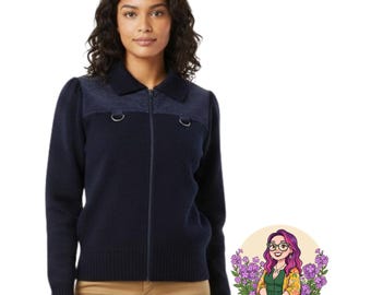 VTG St Michael Marks Spencer granatowy sweter z dzianiny zapinany na zamek sztruks damski 4