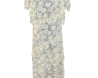 VTG 1960s Sheer Cream Lace Tiered Midi Dress Whimsigoth Bridal Overlay S
