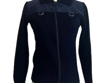 VTG 80s St Michael Navy Ribbed Knit Zip-Up XS Cardigan UK Heritage Retro Casual