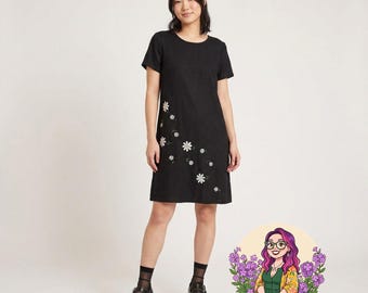 VTG 90s Stonebridge Daisy Embroidered Shift Dress Black Sz 8 Linen Blend Whimsygoth