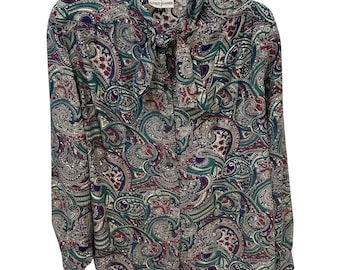 Vintage 80s Alfred Dunner Paisley Pussybow Blouse | Teal Purple Psychedelic Secretary Top