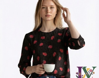 Bluzka vintage Ms Interpret Black Red Rose Floral w groszki 12 Rayon Dark Romanc