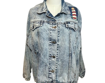 Vintage 90s Acid Wash Denim Jacket | Lighthouse Embroidered Coastal Art XL
