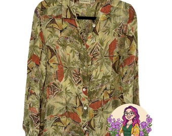 VTG Putumayo Olive Tan Rozmiar M Tropical Hut Village Rayon Koszula Boho z lat 90. Lata 90.