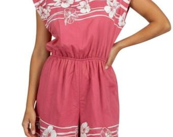 VTG Hans Jutte Hawaii Romper Rust Orange Hibiscus Print Button Shoulder 70s 80s