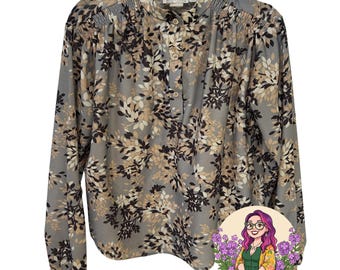 Bluzka VTG Cape Cod Match Mates w kolorze szarym z długim rękawem w kwiaty w stylu retro boho, Career XL