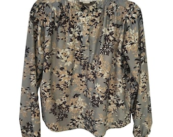 Vintage Cape Cod Floral Blouse | Gray Mandarin Collar Puff Sleeve Top XL